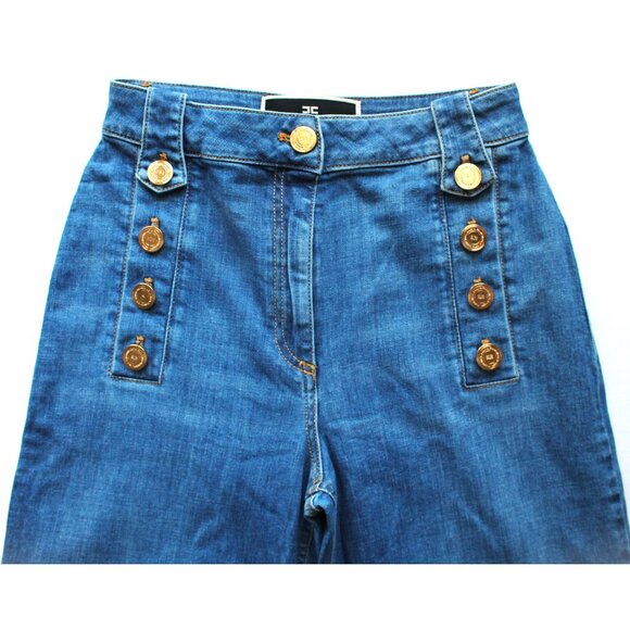 Elisabetta Franchi Palazzo Jeans 31" / Size 27 / Blue Button High Rise Wide Leg - Picture 7 of 11